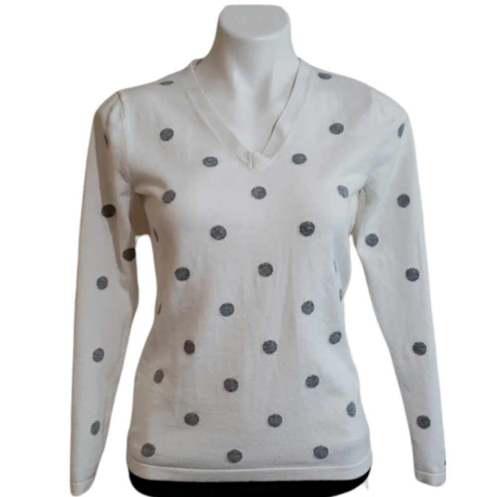 Tommy Hilfiger Polka Dot Cotton V-Neck Sweater Top Women's Size Small White